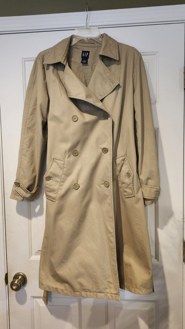 GAP Women's L Beige/Tan Classic Double-Breasted, Belted, Long Trench Coat J97